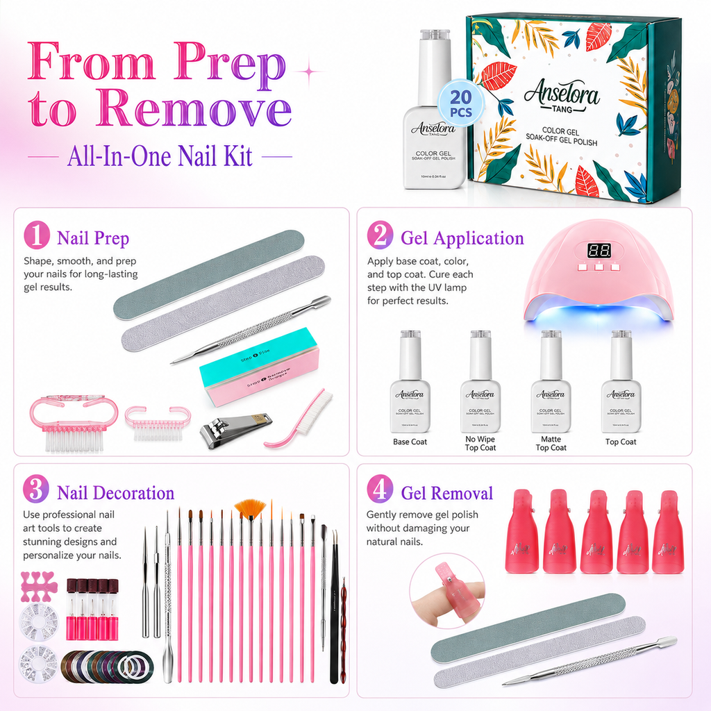 《Set 4》Anselora Gel Nail Polish Set 20 Colors 10ML Nude Pink Green Blue Red Cat Eye Uv Gel Polish with Base Top Coat, All Season Manicure Tools for Beginners Nail Art Home Gift for Women#Summervibes
