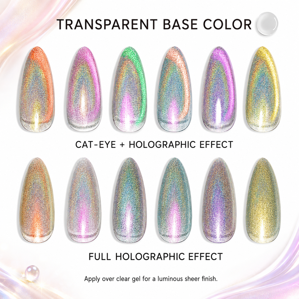 《Set 34》Anselora 6 Colors 10ml Holographic Cat-Eye Gel Polish Set, Rainbow Iridescent Holographic Magnetic Cat Eye Nail Gel with Complete Magnet Tools & Portable Handheld Nail Lamp, Soak Off UV LED Nail Art DIY Manicure Kit