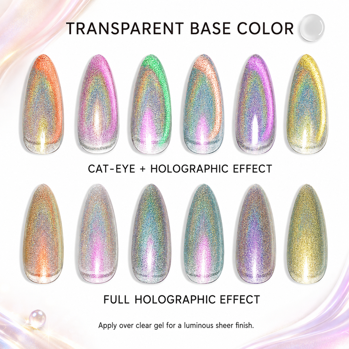 《Set 34》Anselora 6 Colors 10ml Holographic Cat-Eye Gel Polish Set, Rainbow Iridescent Holographic Magnetic Cat Eye Nail Gel with Complete Magnet Tools & Portable Handheld Nail Lamp, Soak Off UV LED Nail Art DIY Manicure Kit