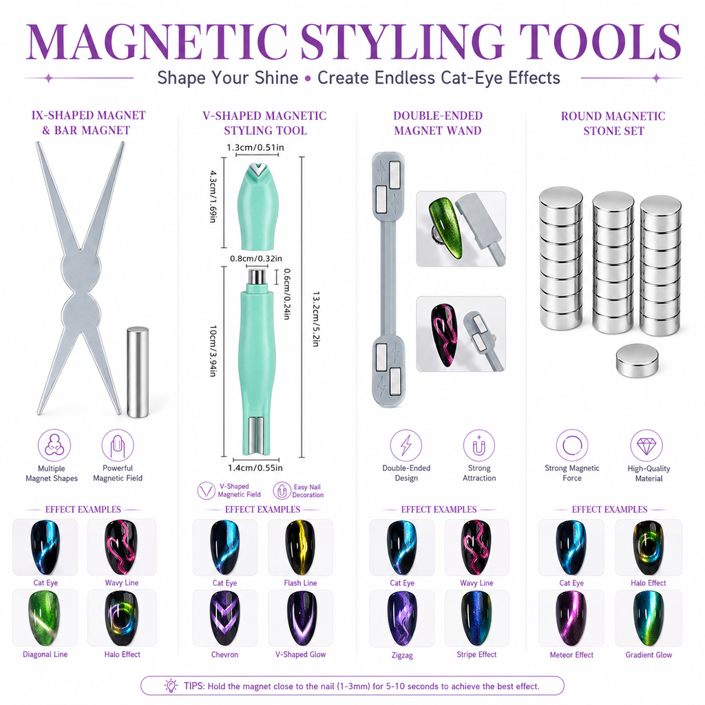 Nail Art Magnet Tools Set with Portable Handheld LED Nail Lamp, Multi-Shape Cat Eye Magnet Stick Kit for Magnetic Cat Eye Gel Polish, Professional Nail Design Manicure Accessories for DIY & Salon