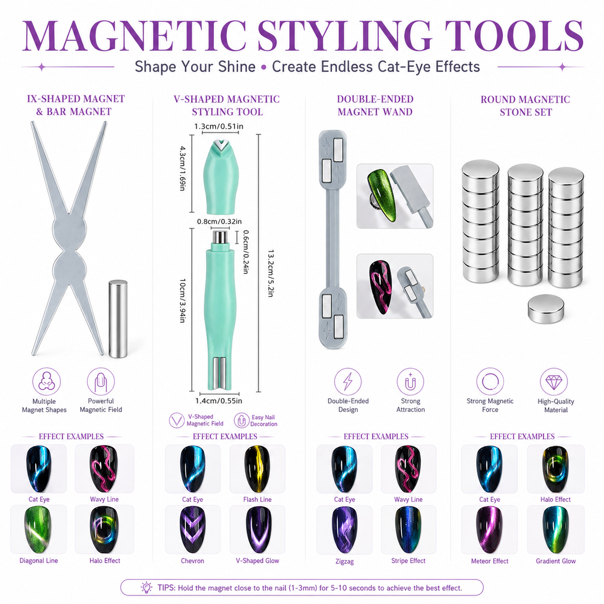 Nail Art Magnet Tools Set with Portable Handheld LED Nail Lamp, Multi-Shape Cat Eye Magnet Stick Kit for Magnetic Cat Eye Gel Polish, Professional Nail Design Manicure Accessories for DIY & Salon