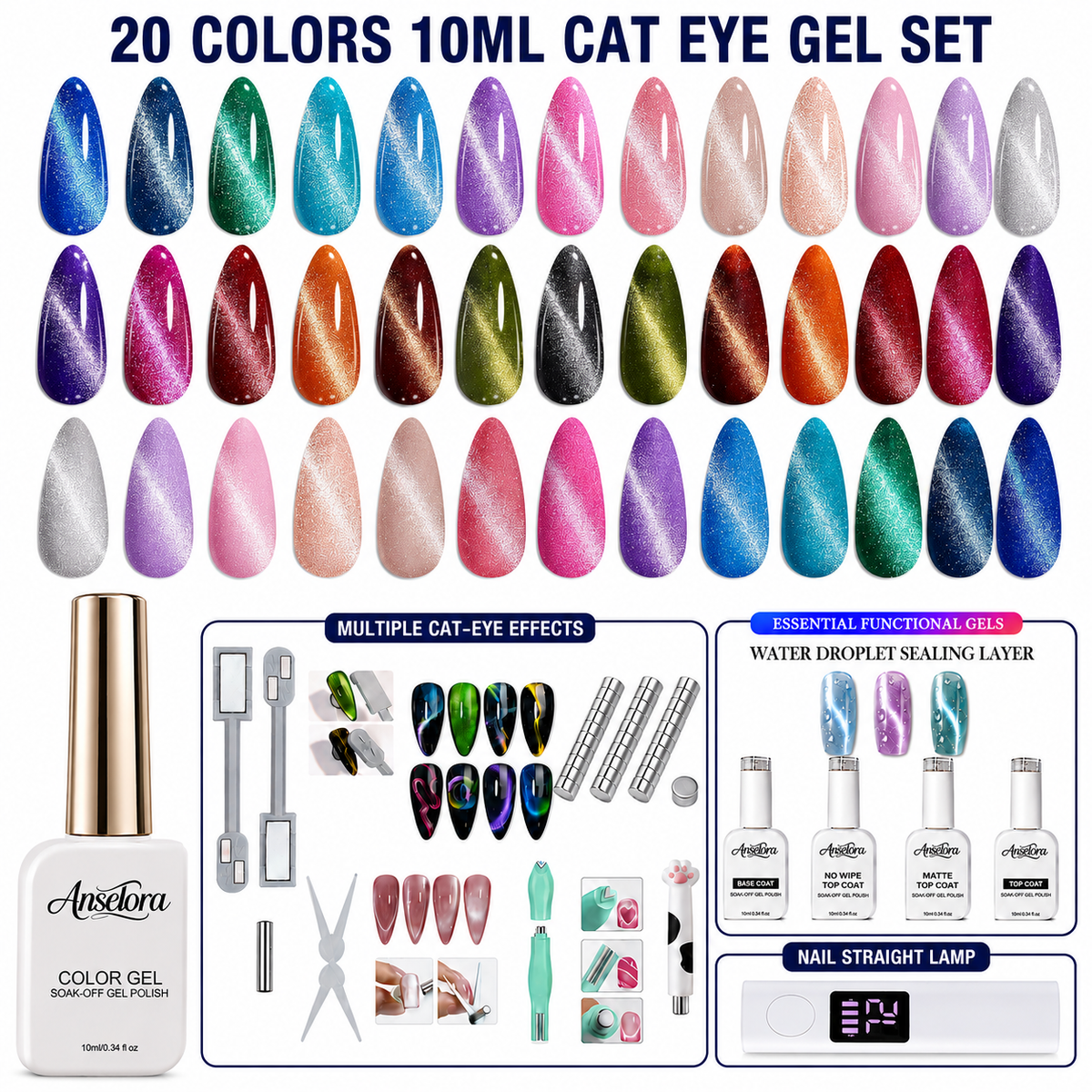 《Set 22》Anselora  Cat Eye Gel Nail Polish Set, 20 Colors Fall Cat EyeGlitter Gel | Magnetic Red Green Blue Brown Black Base CoatMatte Glossy Top Coat Soak Off UV Galaxy GemlightManicure Salon Gift for Women