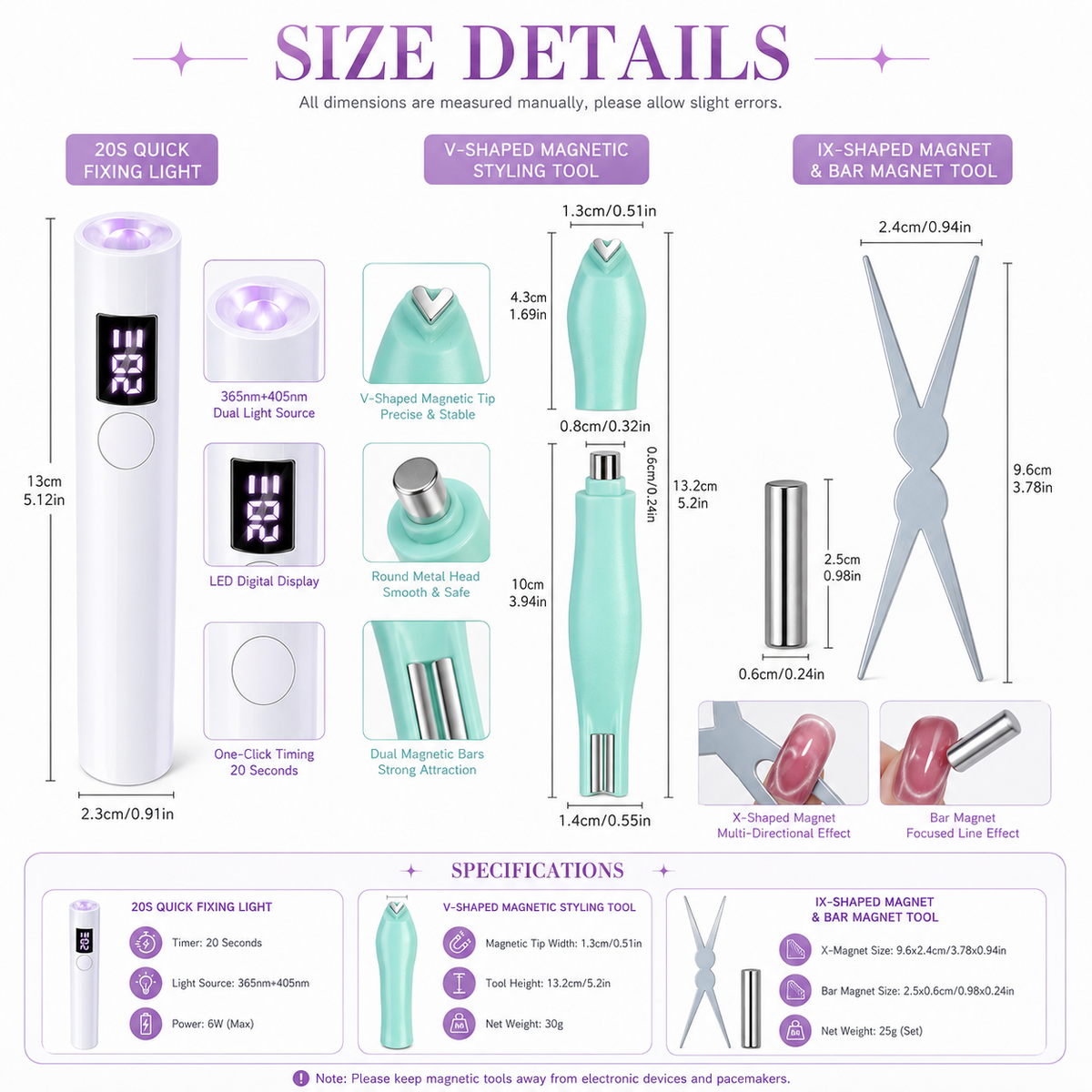 Nail Art Magnet Tools Set with Portable Handheld LED Nail Lamp, Multi-Shape Cat Eye Magnet Stick Kit for Magnetic Cat Eye Gel Polish, Professional Nail Design Manicure Accessories for DIY & Salon