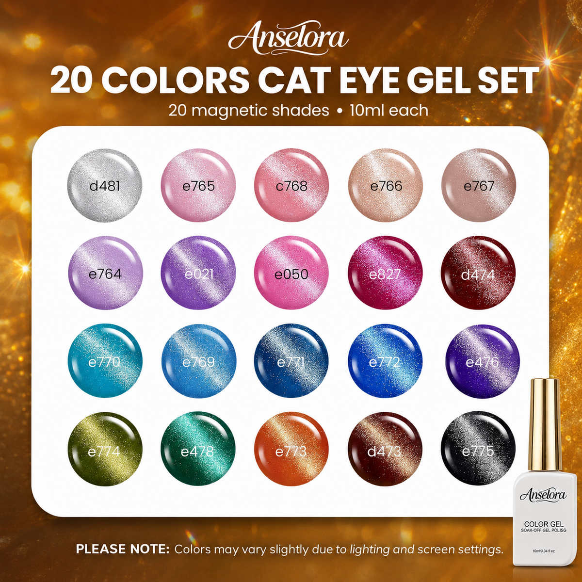 《Set 22》Anselora  Cat Eye Gel Nail Polish Set, 20 Colors Fall Cat EyeGlitter Gel | Magnetic Red Green Blue Brown Black Base CoatMatte Glossy Top Coat Soak Off UV Galaxy GemlightManicure Salon Gift for Women
