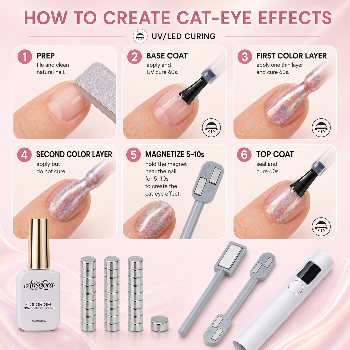 《Set 14》Anselora Pearlescent Magnetic Cat Eye Gel Polish Kit, 6 Colors Aurora Magnetic Nail Gel with Multi-Shape Magnet Tools & Handheld Nail Lamp, Soak Off UV LED Nail Art Set for Home & Salon