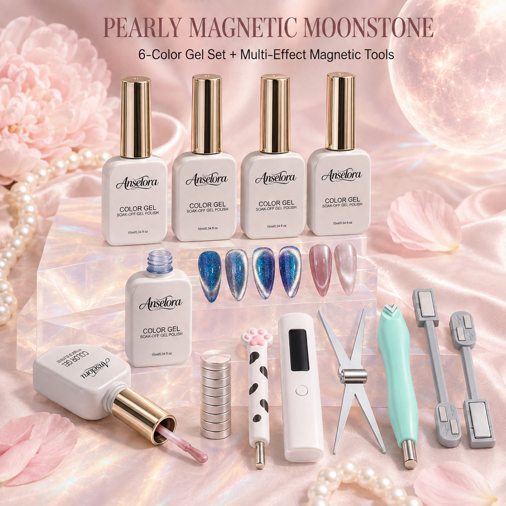 《Set 14》Anselora Pearlescent Magnetic Cat Eye Gel Polish Kit, 6 Colors Aurora Magnetic Nail Gel with Multi-Shape Magnet Tools & Handheld Nail Lamp, Soak Off UV LED Nail Art Set for Home & Salon