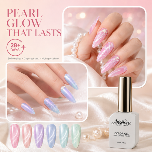 《Set 14》Anselora Pearlescent Magnetic Cat Eye Gel Polish Kit, 6 Colors Aurora Magnetic Nail Gel with Multi-Shape Magnet Tools & Handheld Nail Lamp, Soak Off UV LED Nail Art Set for Home & Salon