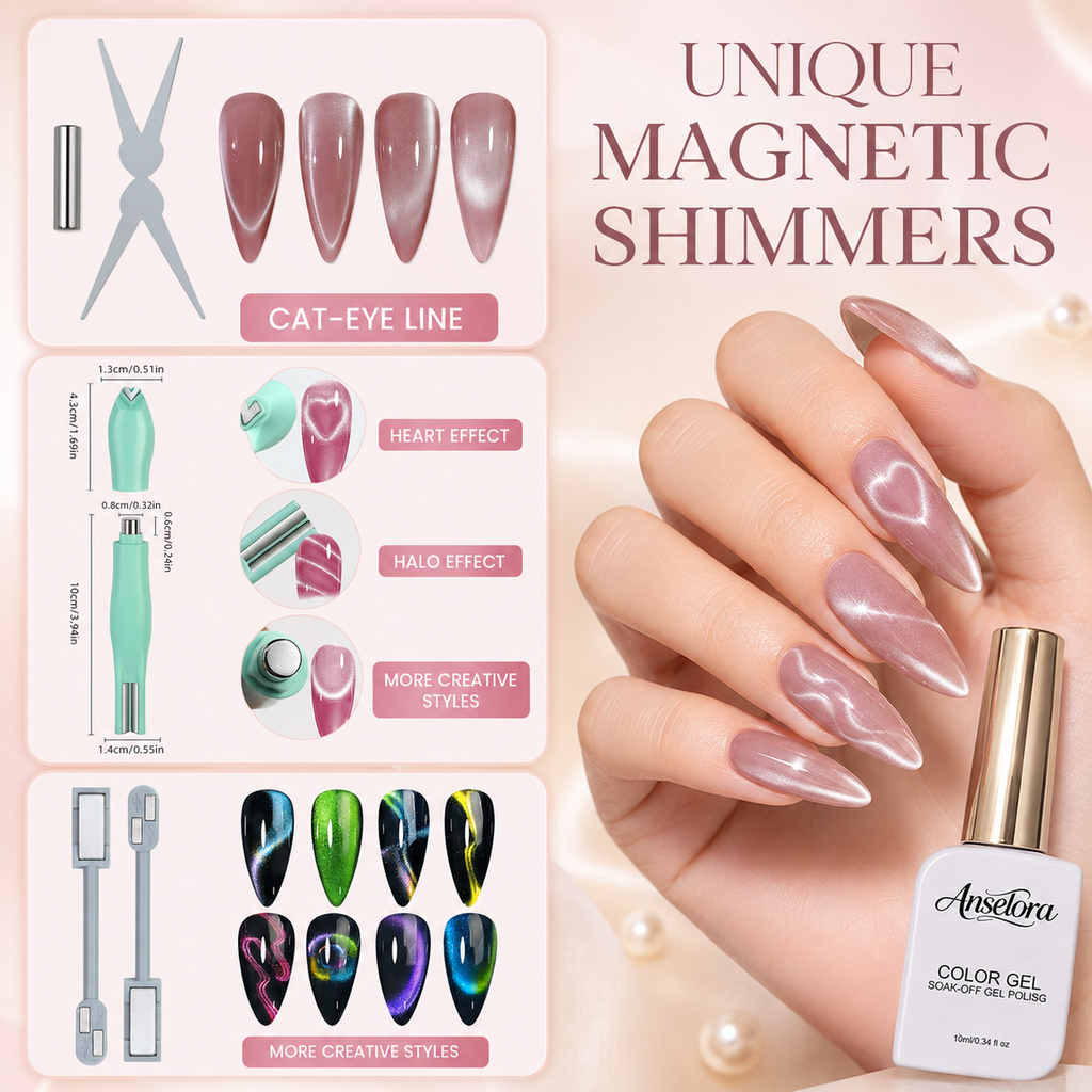 《Set 14》Anselora Pearlescent Magnetic Cat Eye Gel Polish Kit, 6 Colors Aurora Magnetic Nail Gel with Multi-Shape Magnet Tools & Handheld Nail Lamp, Soak Off UV LED Nail Art Set for Home & Salon