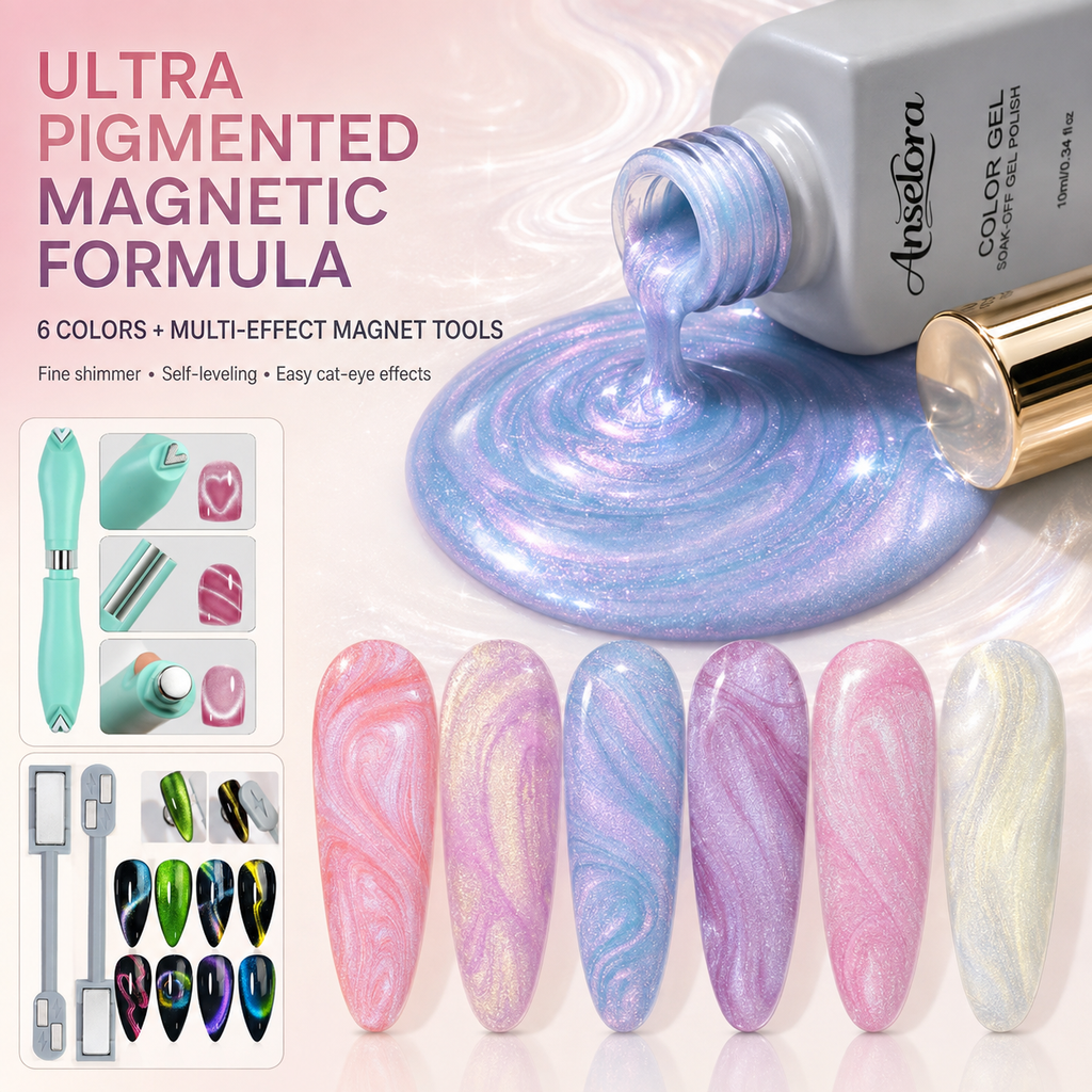 《Set 14》Anselora Pearlescent Magnetic Cat Eye Gel Polish Kit, 6 Colors Aurora Magnetic Nail Gel with Multi-Shape Magnet Tools & Handheld Nail Lamp, Soak Off UV LED Nail Art Set for Home & Salon