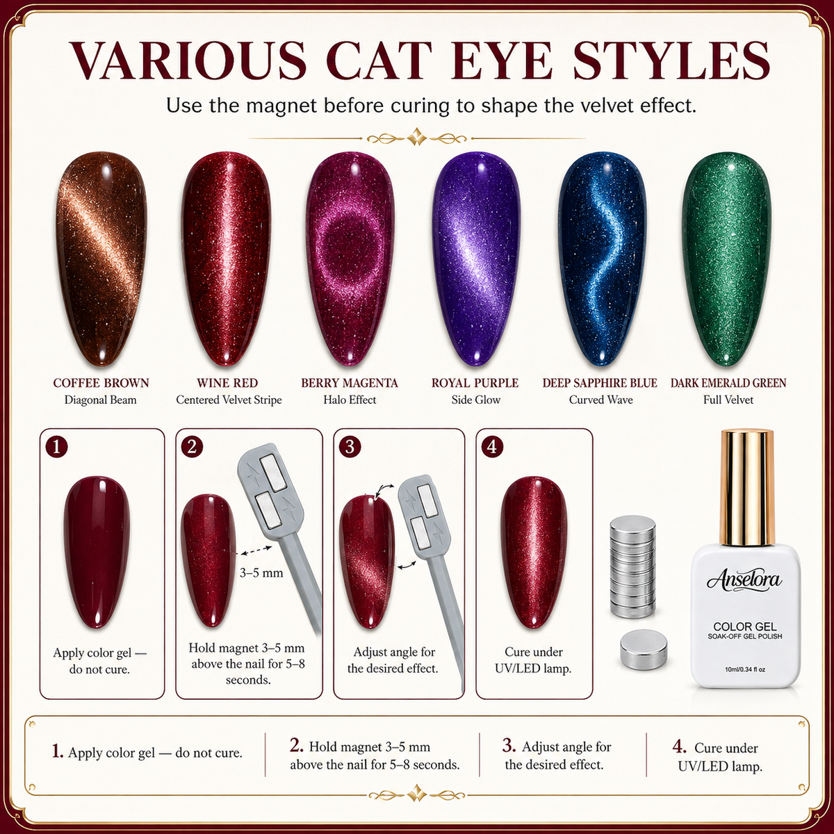 《Set 18》Anselora 6 Colors Magnetic Cat Eye Gel Polish Kit, Chameleon Shimmer Cat Eye Nail Gel with Multi Magnet Tools & Portable Handheld Nail Lamp, Soak Off UV LED Nail Art Set