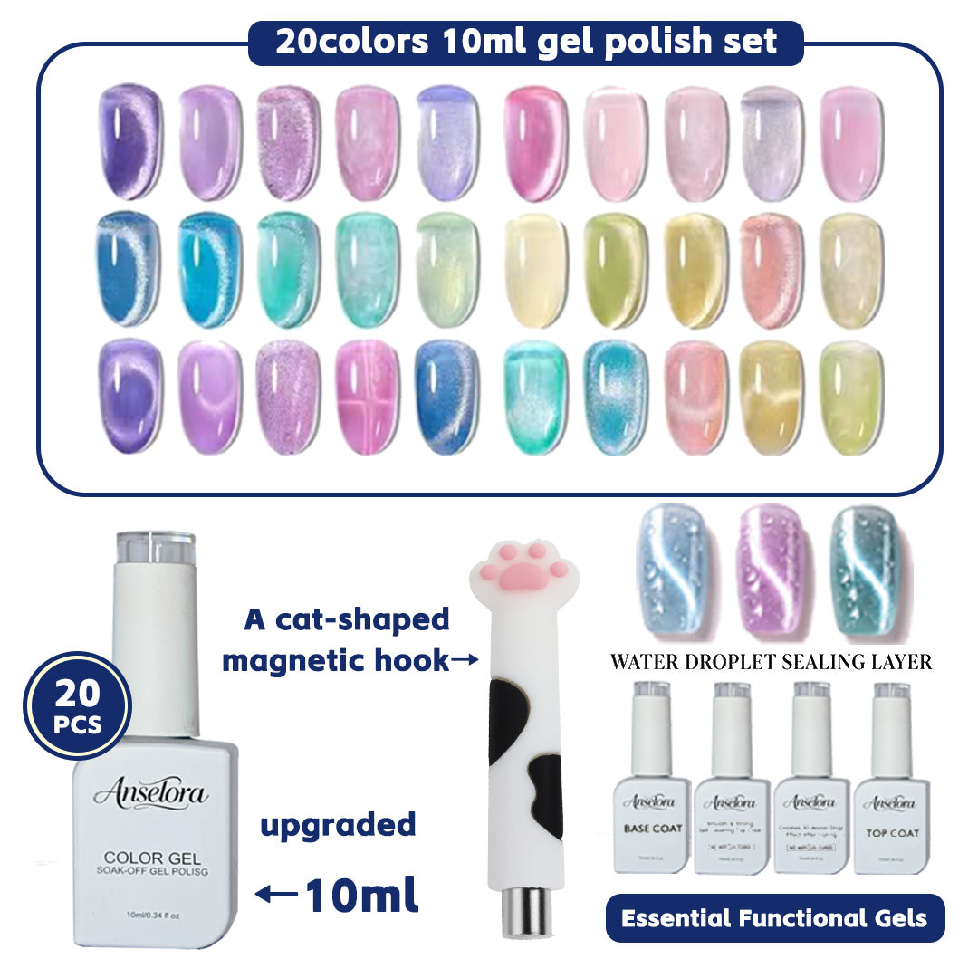 《Set 3》Anselora Gel Nail Polish Set 20 Colors 10ML Nude Pink Green Blue Red Cat Eye Uv Gel Polish with Base Top Coat, All Season Manicure Tools for Beginners Nail Art Home Gift for Women#Summervibes