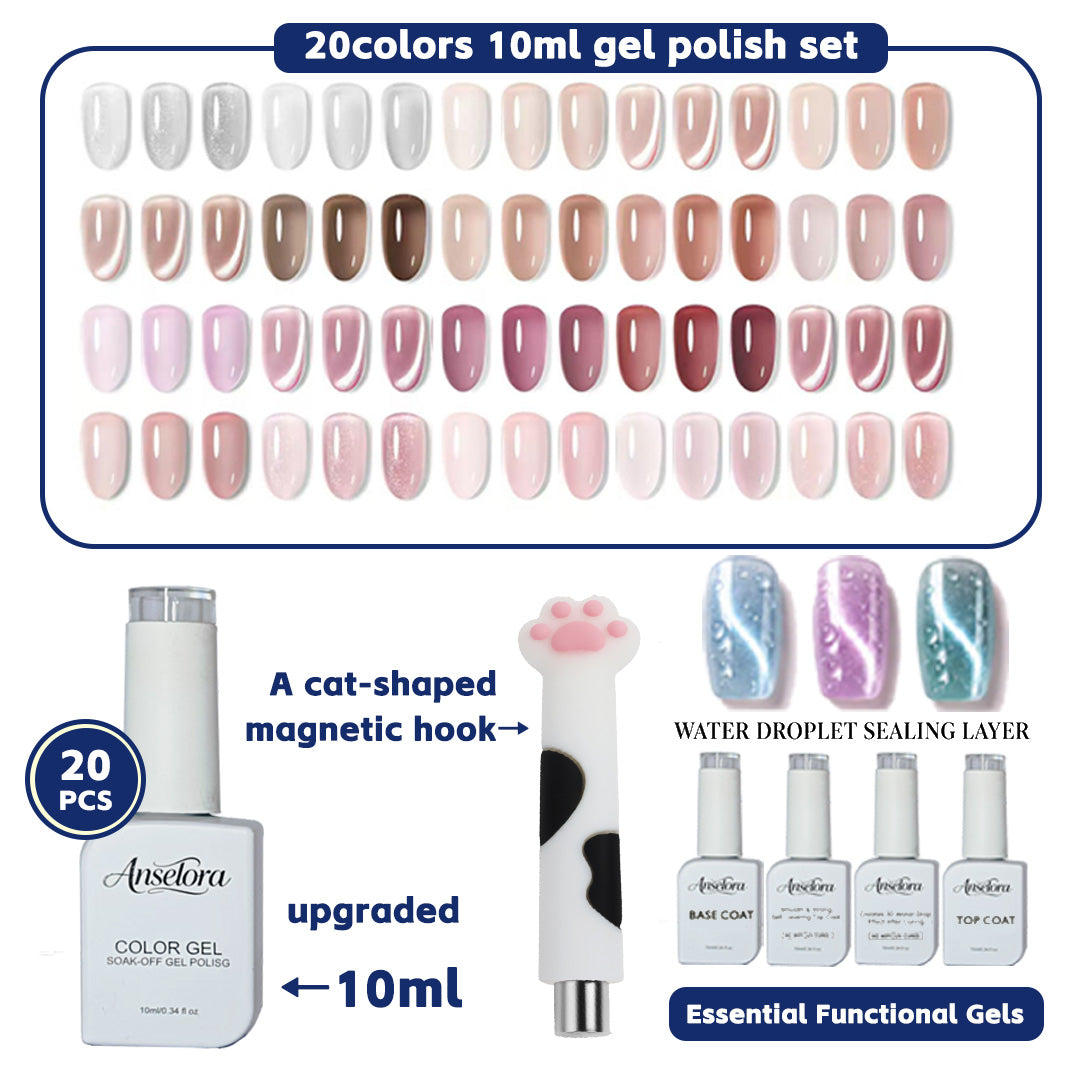 《Set 2》Anselora Gel Nail Polish Set 20 Colors 10ML Nude Pink Green Blue Red Cat Eye Uv Gel Polish with Base Top Coat, All Season Manicure Tools for Beginners Nail Art Home Gift for Women#Summervibes