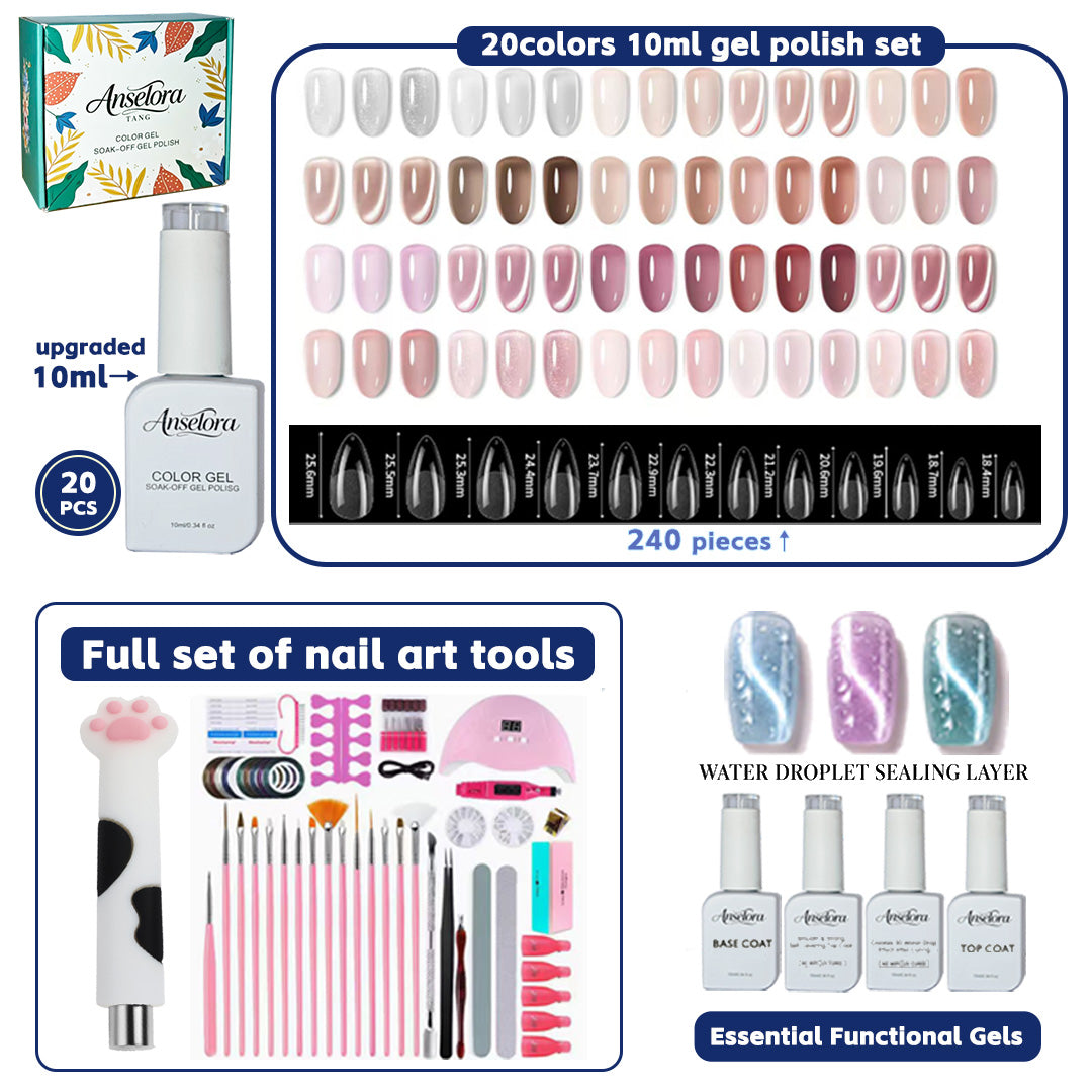 《Set 2》Anselora Gel Nail Polish Set 20 Colors 10ML Nude Pink Green Blue Red Cat Eye Uv Gel Polish with Base Top Coat, All Season Manicure Tools for Beginners Nail Art Home Gift for Women#Summervibes