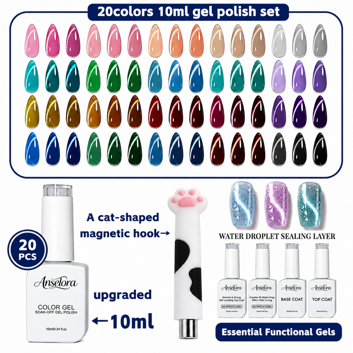 《Set 1》Anselora Gel Nail Polish Set 20 Colors 10ML Nude Pink Green Blue Red Cat Eye Uv Gel Polish with Base Top Coat, All Season Manicure Tools for Beginners Nail Art Home Gift for Women#Summervibes