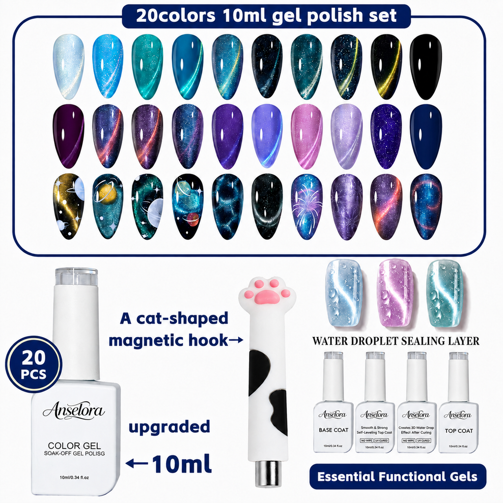 《Set 4》Anselora Gel Nail Polish Set 20 Colors 10ML Nude Pink Green Blue Red Cat Eye Uv Gel Polish with Base Top Coat, All Season Manicure Tools for Beginners Nail Art Home Gift for Women#Summervibes