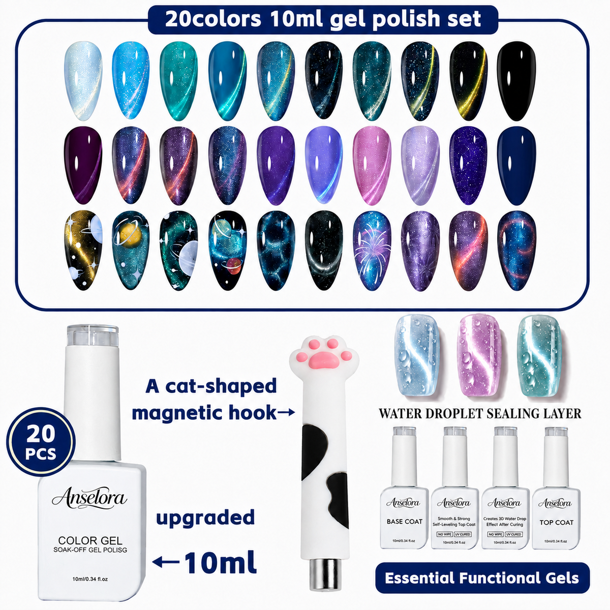 《Set 4》Anselora Gel Nail Polish Set 20 Colors 10ML Nude Pink Green Blue Red Cat Eye Uv Gel Polish with Base Top Coat, All Season Manicure Tools for Beginners Nail Art Home Gift for Women#Summervibes