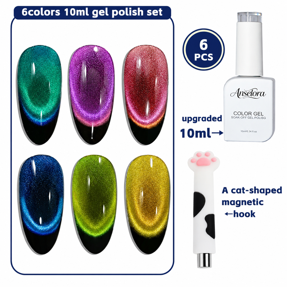 《Set 5》Anselora 6 Colors Chameleon Cat Eye Gel Nail Polish Kit, All-in-One DIY Manicure Set, 10ml Magnetic Aurora Cat Eye Gel, UV LED Nail Lamp, 240Pcs Nail Tips, Complete Nail Art Tools, Soak Off UV Gel, Perfect Gift for Nail Lovers