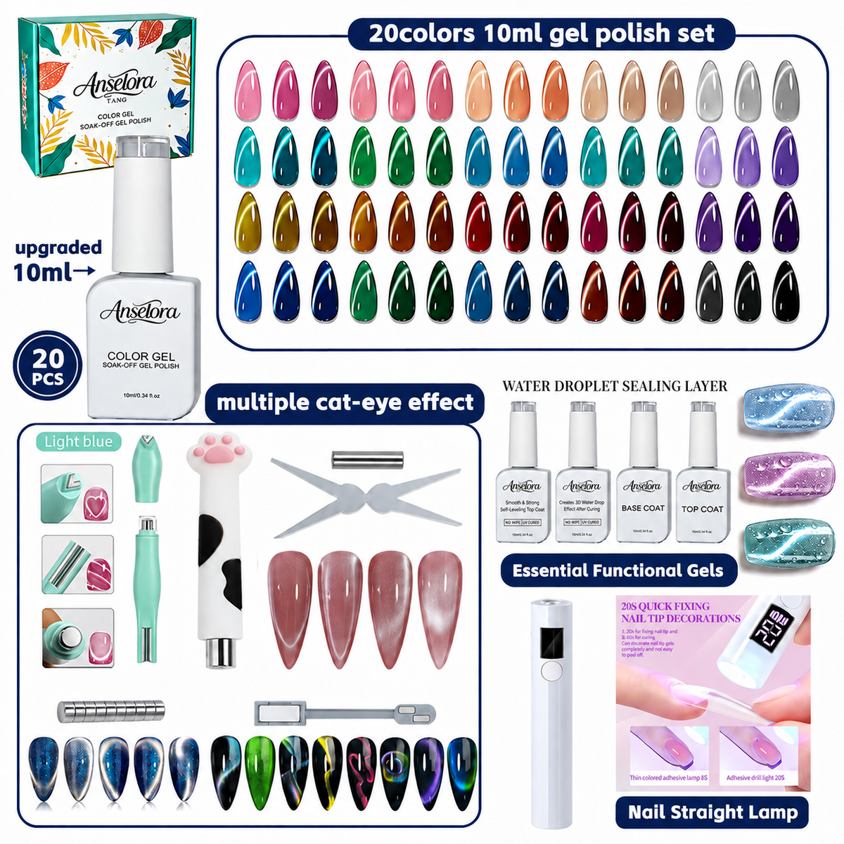 《Set 1》Anselora Gel Nail Polish Set 20 Colors 10ML Nude Pink Green Blue Red Cat Eye Uv Gel Polish with Base Top Coat, All Season Manicure Tools for Beginners Nail Art Home Gift for Women#Summervibes