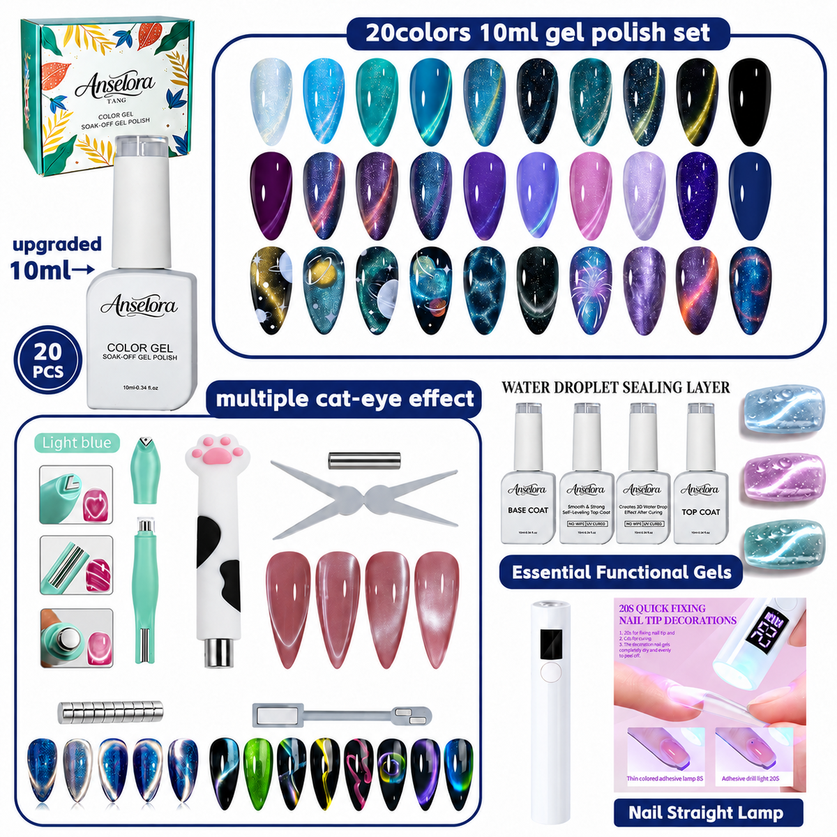 《Set 4》Anselora Gel Nail Polish Set 20 Colors 10ML Nude Pink Green Blue Red Cat Eye Uv Gel Polish with Base Top Coat, All Season Manicure Tools for Beginners Nail Art Home Gift for Women#Summervibes