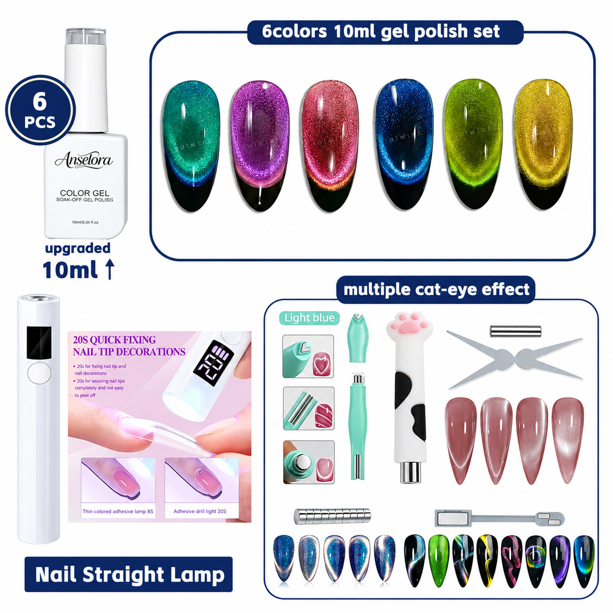 《Set 5》Anselora 6 Colors Chameleon Cat Eye Gel Nail Polish Kit, All-in-One DIY Manicure Set, 10ml Magnetic Aurora Cat Eye Gel, UV LED Nail Lamp, 240Pcs Nail Tips, Complete Nail Art Tools, Soak Off UV Gel, Perfect Gift for Nail Lovers