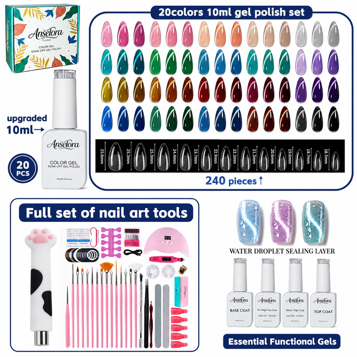 《Set 1》Anselora Gel Nail Polish Set 20 Colors 10ML Nude Pink Green Blue Red Cat Eye Uv Gel Polish with Base Top Coat, All Season Manicure Tools for Beginners Nail Art Home Gift for Women#Summervibes