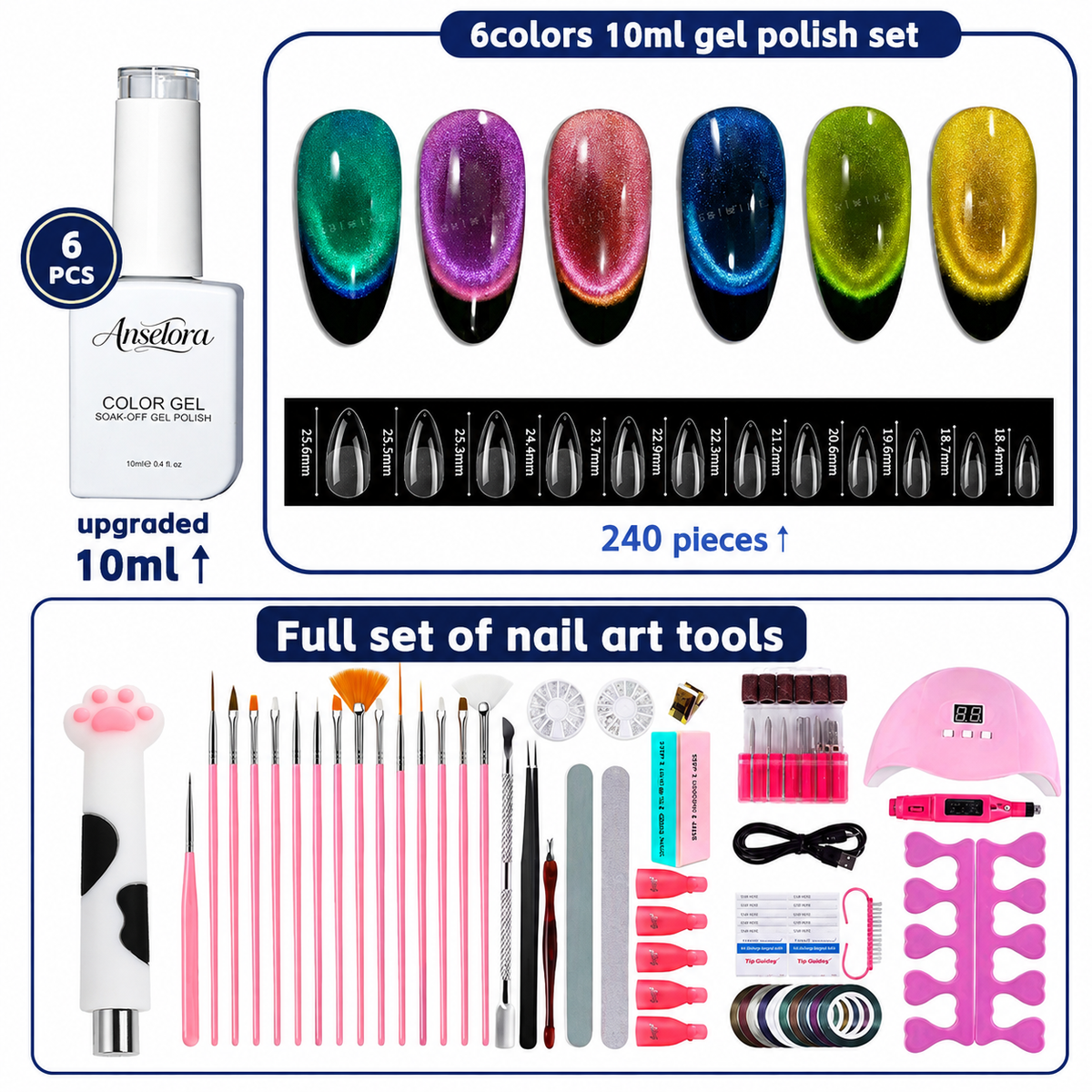 《Set 5》Anselora 6 Colors Chameleon Cat Eye Gel Nail Polish Kit, All-in-One DIY Manicure Set, 10ml Magnetic Aurora Cat Eye Gel, UV LED Nail Lamp, 240Pcs Nail Tips, Complete Nail Art Tools, Soak Off UV Gel, Perfect Gift for Nail Lovers
