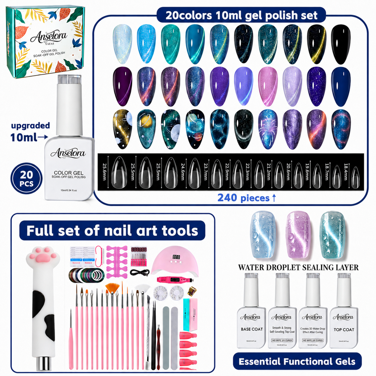 《Set 4》Anselora Gel Nail Polish Set 20 Colors 10ML Nude Pink Green Blue Red Cat Eye Uv Gel Polish with Base Top Coat, All Season Manicure Tools for Beginners Nail Art Home Gift for Women#Summervibes